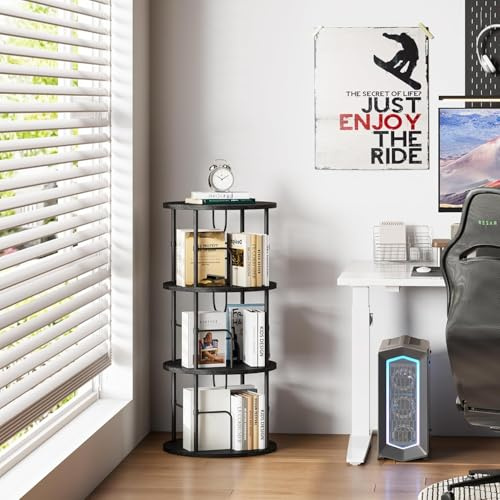 Flycity 360° Drehbares Bücherregal aus Holz, Standregal mit 3 Verstellbaren Ebenen, 45×45×97 cm, Schwarz, Ideal für Bücher und Deko