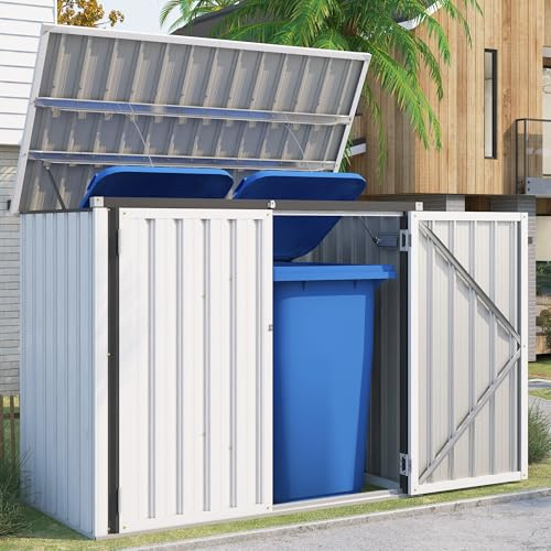 YODOLLA Abri de Jardin,Coffre de Jardin Exterieur,Poubelle de Métal,Blanc | Abris de Jardin en Métal,Cabane Extérieure Toit Incliné, Abri de Rangement Extérieur avec Serrure Sécurisée, Rangement Outils