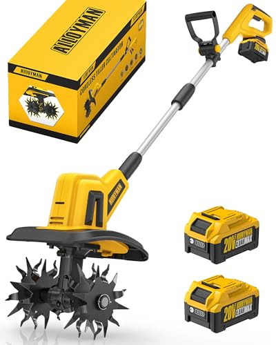 Alloyman Motoculteur électrique sans fil 20 V, 360 tr/min, avec 2 batteries de 4,0 Ah et chargeur, 23 cm de largeur et 16,8 cm de profondeur pour pelouse/jardinage/culture du sol