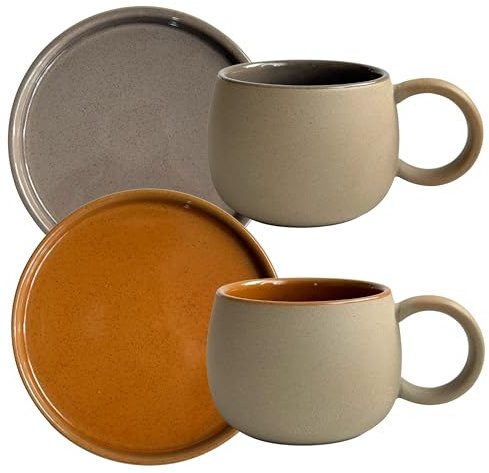 Breezy Nest Ceramic Coffee Cup and Saucer Set of 2 Terracotta and Grey - 250ml Japanese Style Coffee Mugs with Colourful Glossy Interior, Matt Earthy Beige Exterior, Microwave Safe