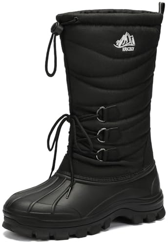 Kricely Mens Winter Boots Waterproof Snow Boots Non-Slip Outdoor Hiking Duck Boots with Warm Fur for Cold Weather（Black 7.5）