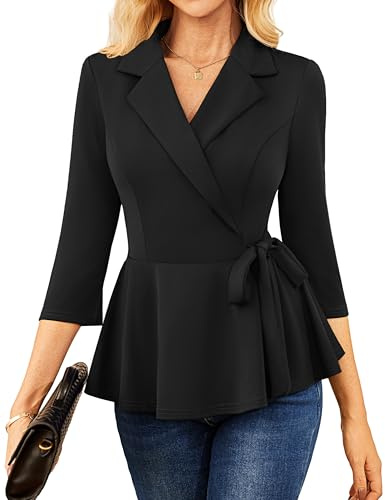 GRACE KARIN 3/4 Sleeve Tops for Women Elegant Smart Lapel Neck Tunic Blouse Ruffled Hem Party Tops CL340-01/Black S