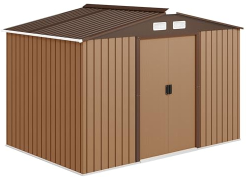 Outsunny Abri de Jardin Acier Galvanisé XXL 5,4 m² Kit Fondation Kaki | Kit de Fondation, Cabane de Jardin, Cabanon Rangement Outils, Portes Coulissantes Verrouillables, 4 Aérations, 277x195x192cm