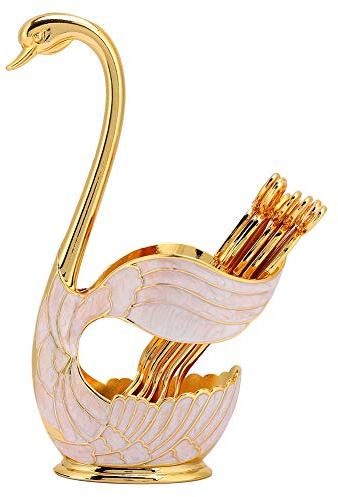Ejoyous Schwan Dessertlöffel Set, 6 Piezas Set de Cucharas de Café con Soporte Base, Cuchara Servidora de Metal, Cucharilla, Decoración de Mesa, Decoración, para Agua, Té, Leche, Café, (dorado)