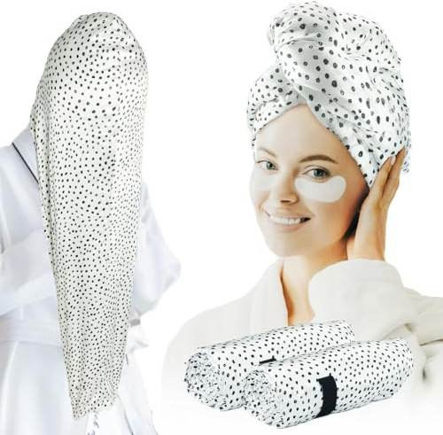 FREATECH 2 Piezas Toallas para el Pelo Grandes de Satén Doble Capa Microfibra, 86 × 26 cm Turbante Grueso, Secado Rápido Antiencrespamiento con Banda Elástica para Mujeres con Cabello Largo y Rizado