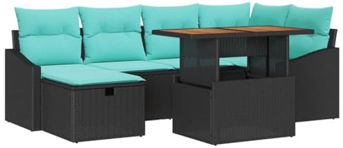 vidaXL Gartensofa-Set 7 STK. Schwarz Poly-Rattan | Einfach anpassbar für verschiedene Räume, Robustes Rattan-Geflecht für draußen, Höhe veränderbar für mehr Stabilität