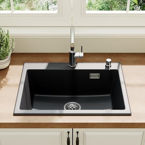 HOROW Granite Composite Kitchen Sink 60x45 cm, Single Bowl Black with Self-Healing & Scratch Resistant Surface, Integrated Push-to-Seal Drain, Includes Fittings & Overflow