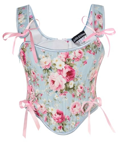 Scarlet Darkness Corset Tops for Women Renaissance Lace Up Floral Bustier Tops Floral Blue Size 16