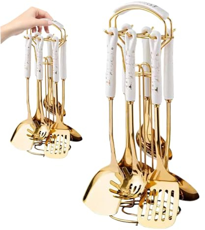7Pcs/Set Kitchen Utensils Set Stainless Steel Gold Utensils with Holder Dishwasher Safe Hanging Metal Kitchenware Kit Include Spatula, Ladle, Pasta Spoon.
