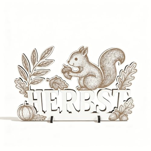 DEKOLANDO Aufsteller Schriftzug Herbst mit Eichhörnchen, Nüssen, Blätter & Kürbis – herbstlicher Dekoaufsteller - Herbstdeko personalisierbar mit Wunschtext Namen Datum Deko Herbstdekoration
