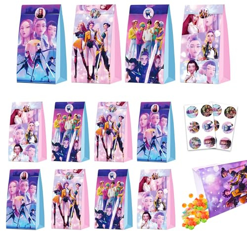 Sacchetti Regalo Huntrs, CIYIN 12 Pezzi Buste Regalo Compleanno Bambini con 12 adesivi, Sacchetti Regalo Carta, Busta Regalo Piccola, per Bambini Feste di Compleanno
