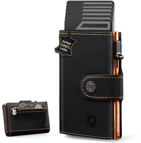 DODENSHA Slim Wallet mit Münzfach | Herren Geldbörse mit Knopf | Wallets for Men | Portmonee Herren mit Ticket Fach | Pop-up-Kreditkartenetui Geldbeute für 7-9 Karten | RFID Schutz I Schwarz Orange