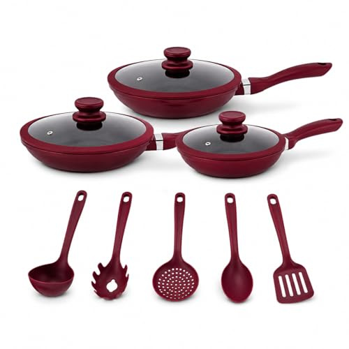 Set Padelle 11 Pezzi con Rivestimento Pietra Lavica Antiaderente – 3 Padelle con Coperchio in Vetro e Guarnizione in Silicone (20/24/28 cm) + 5 Utensili Cucina – Fondo Induzione, Senza PFOA (Bordeuax)