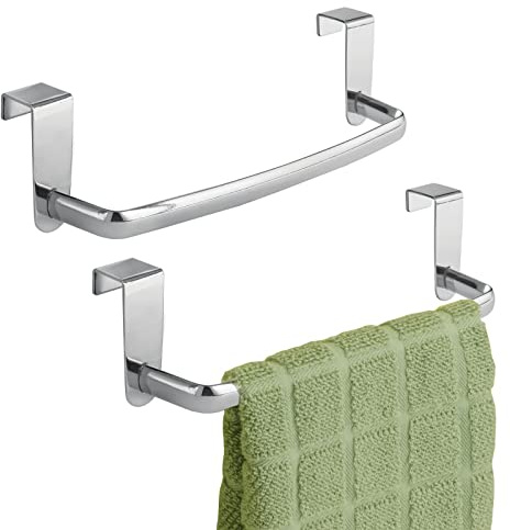 mDesign Steel Metal Wire Over Cabinet Towel Rack Storage Organizer - Hang on Cabinet or Door - Towel Bar Holder for Kitchen - Holds Hand Towels, Washcloths - Spira Collection, 2 Pack, Chrome
