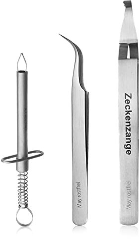 May Profi Zeckenzangen Set 3-teilig aus Edelstahl – Präzise Zeckenpinzette & Zeckenentferner für sichere Entfernung bei Hund, Katze & Mensch, inkl. Splitterpinzette