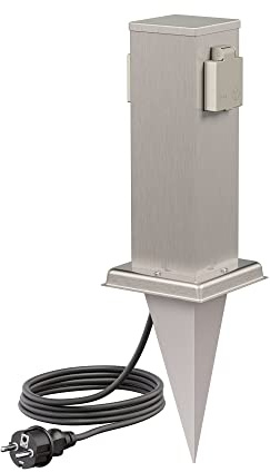ledscom.de Garten-Steckdosen-Säule Polly mit Erdspieß und 2m Kabel für außen, IP44, 2-Fach, Edelstahl, eckig, 27cm