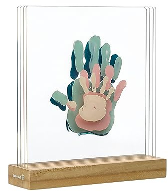 Baby Art Family Prints Kit impronte per le mani di tutta la famiglia, Cornice impronta bimbo e genitori, idea regalo nascita, Trasparente con base color legno
