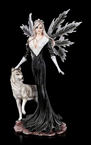 Figuren Shop GmbH Elfen Fantasy-Figur - Dark Aura mit Wolf | Fee, Fairy, Engel, Deko-Figur, Deko-Artikel, Statue, Skulptur, H 24 cm