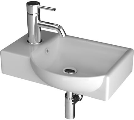 Alpenberger Waschbecken 45 cm Breit mit Überlauf | Handwaschbecken Rechts | Keramik Gästewaschbecken | Badezimmer & Gäste-WC | Hängewaschbecken & Einbauwaschbecken
