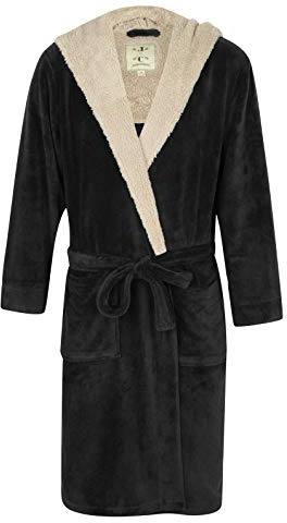 John Christian Superweicher Fleece Morgenmantel mit Kapuze, Schwarz/Hellgrau