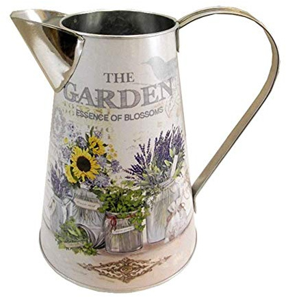 Large Jug Artificial Flower Vase Pitcher Cream Lavender Sunflowers Herbs Design Garden Metal Decal Style for Dried or Faux Flowers 22cm
