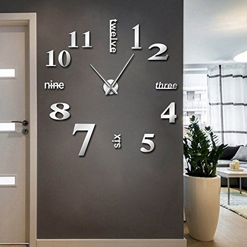 SZG Moderno DIY Muto Grande Orologio da Parete Decorazioni per la casa Ufficio 3D Superficie a Specchio Adesivi da Parete Orologi Orologio Decorativo Senza Cornice Gigante (Argento,47)