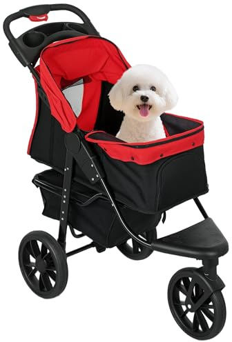 PawHut Carrito para Perros Plegable Cochecito para Mascotas Carrito para Perros Pequeños con 3 Ruedas Ventanas de Malla Cesta y Correas de Seguridad Carga 25 kg 109,5x57,5x106,5 cm Rojo