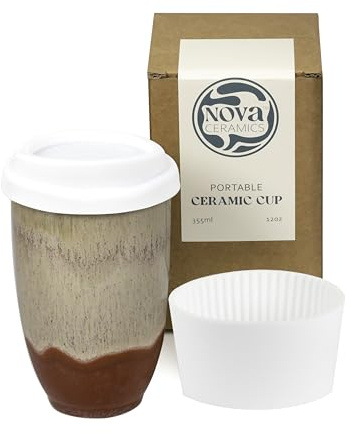 NOVA CERAMICS Reisebecher – Keramikbecher mit Deckel – Keramik-Reisebecher zum Mitnehmen – mikrowellen- und spülmaschinenfest, Keramik-Kaffeebecher – Geschenke für Frauen, Männer, Ihn, Sie – 355 ml