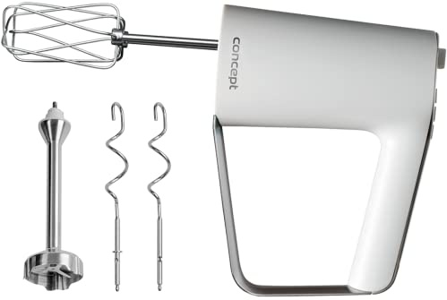 CONCEPT Hausgeräte SR3300 Handrührer, 500 W, lange Mischaufsatz, 2 knethaken, 2 Schneebesen, 5 geschwindigkeitsstufen, ergonomisches design, Weiß