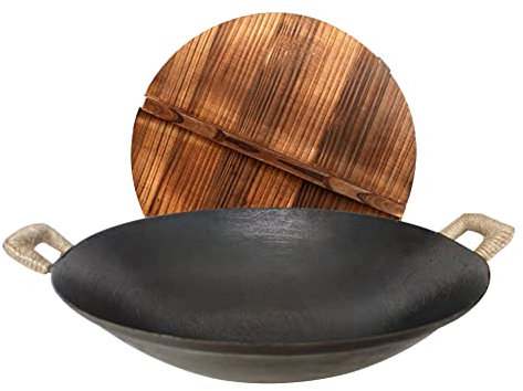 MNSSRN Wok di Ferro Addensato, Ampia Padella di Ferro, Padella Antiaderente Non patinato, Mensa Antico Vecchio Stile Cottura Wok,38cm