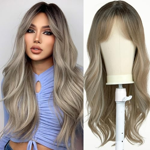Esmee Lange Golvende Zilvergrijze Pruik voor Vrouwen Natuurlijk Synthetisch Haar Hittebestendig Ombre Pruiken met Donkere Wortels voor Dagelijkse Partij Cosplay -24 Inch