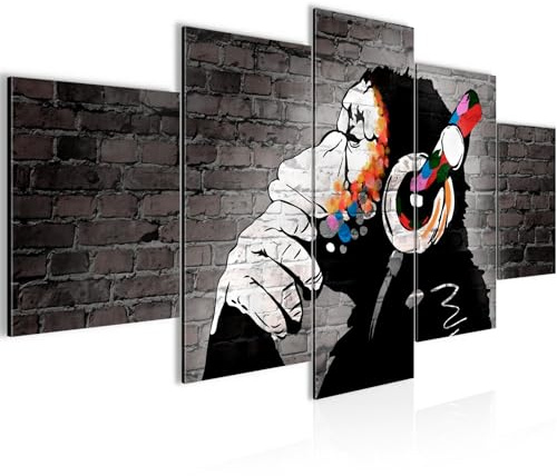 Runa Art - Bilder Affe mit Kopfhörer 200 x 100 cm 5 Teilig XXL Wanddekoration Design Bunt 042551b