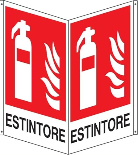 NEW CARTELLO SEGNALETICO BIFACCIALE - estintore con fiamma - In Alluminio Con Stampa Diretta U.V. (IDEALE ANCHE PER ESTERNO) (20X31 CM)