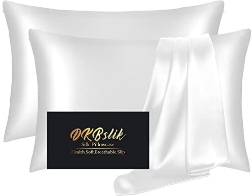 Silk Pillow Cases 2 Pack, Mulberry Silk Pillowcases Standard Set of 2, Health, Smooth, Anti Acne, Beauty Sleep, Both Sides Natural Silk Satin Pillow Cases for Women 2 Pack with Zipper for Gift,White