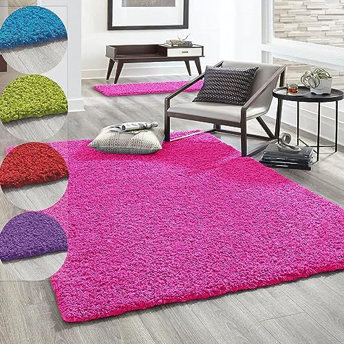VIMODA Hochflor Teppich Prime Shaggy Langflor Wohnzimmer Schlafzimmer Rund Farbig, Farbe:Pink, Maße:120x170 cm
