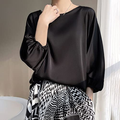 Camisas Mujer Elegantes,Blusa De Satén De Seda Para Mujer Camisa De Manga 3 4 Elegante Camisa De Cuello Redondo De Color Sólido Negro Blusa Puños Elásticos Tops Sueltos Fiesta Informal En La Pla