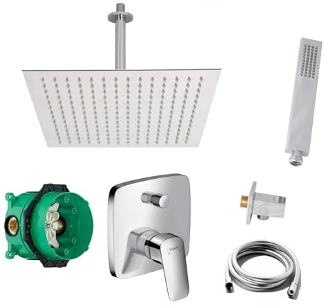 vanvilla Duschsystem Unterputz mit Duscharmatur Hansgrohe poliert HG17. V2 | Duscharmatur von Hansgrohe Logis Einhebelmischer und vanvilla Regendusche Duschkopf eckig, Dusch-SET poliert