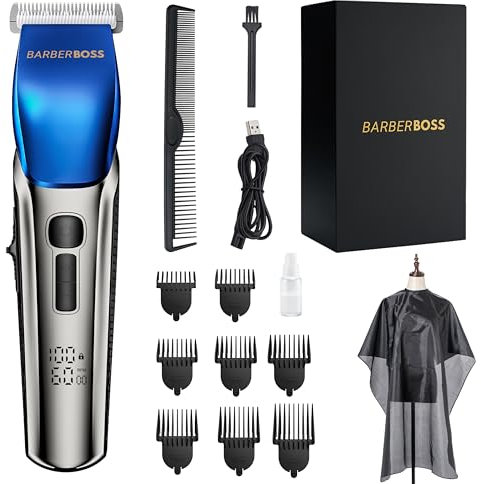 BarberBoss Haarschneider für Männer, Bartschneider für Männer mit 4 Geschwindigkeitsstufen, Keramikklinge, 8 Kammaufsätzen, Pflegeset mit LED-Anzeige, wasserdichter Elektrorasierer für Männer, QR-2083