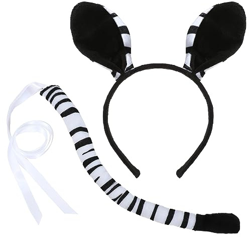 XEPST djur zebra kostym set – öron pannband och svans för djurdräkt cosplay, födelsedagsfest, halloween tillbehör