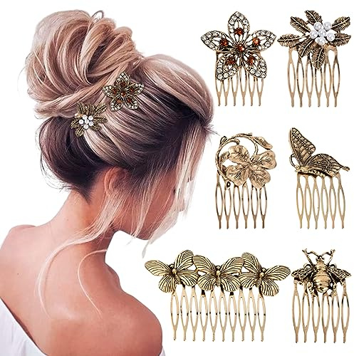 Lot de 6 Peignes Latéraux pour Cheveux Vintage Femmes Décoratifs, Peignes Latéraux Vintage En Métal Pour Femme Fille, Pinces à Cheveux en Métal avec Strass et Perles Dorées Rétro Cheveux de Mariée