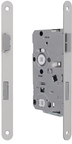 lockzz WC-Einsteckschloss Badtür DIN Links – Badschloss 55mm Dornmaß – Made in Germany – Kunststoff-Falle & Riegel Leise – DIN 18251-1 – Stulp 20x235mm abgerundet Silber