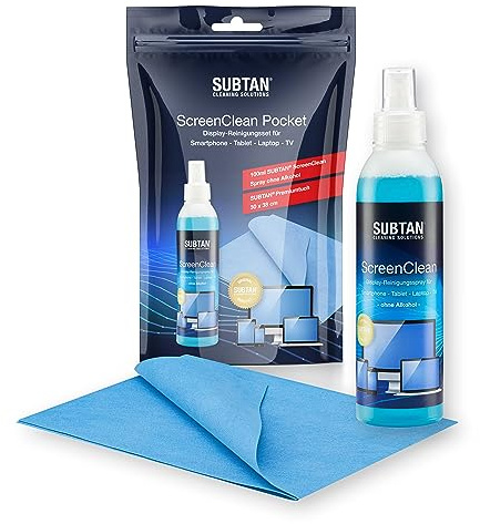 SUBTAN® ScreenClean Pocket Set 100 ml + Premium-Mikrofasertuch alkoholfrei | Kompaktes Reise-Bundle – Display Reinigungsspray & Tuch in einer Packung – streifenfrei, duftfrei & rückstandsfrei