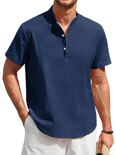 Enlision Linne Skjorta Herr Kortärmad Kraglös Casual Skjortor för Män Casual Sommar Henley Enfärgad Button Up Toppar S-4XL, Mörkblå, M