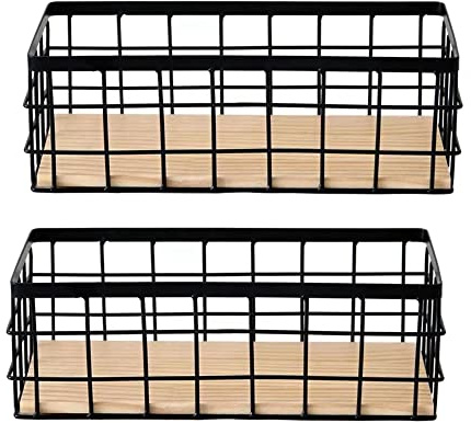Fvoagaou Paquete de 2 Canastas de Almacenamiento de Metal con Base de Madera, Canastas Decorativas para Almacenamiento en el Hogar, Canasta de Alambre para Organizar Vajillas Pequeñas