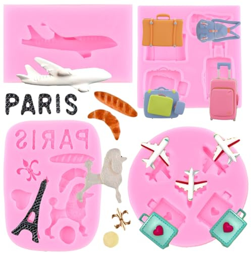RFGHAC I Love Paris Fondantformen Flugzeug Silikonform Eiffelturm Pudel Süßigkeitenform Reisegepäck Form für Zucker Kuchen Dekorieren Cupcake Topper Schokolade Gummipaste Polymer Clay 4 Stück
