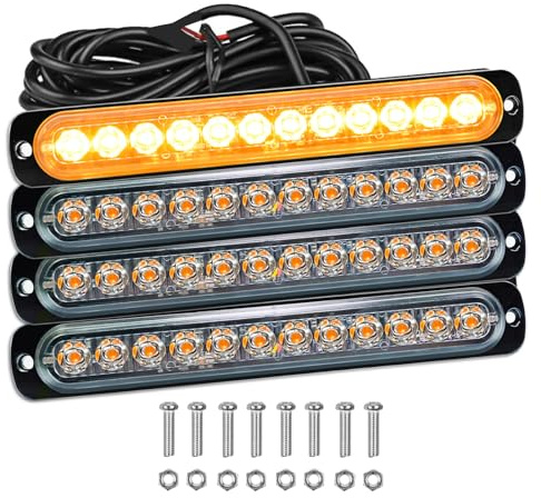 PICAA 4 Pièces Ambre Mince Voyant Barre D'alarme Stroboscopique D'urgence Lampe-12 LEDS Bande Lumineuse D'avertissement de Flash pour Voiture Camion Moto 12V-24V