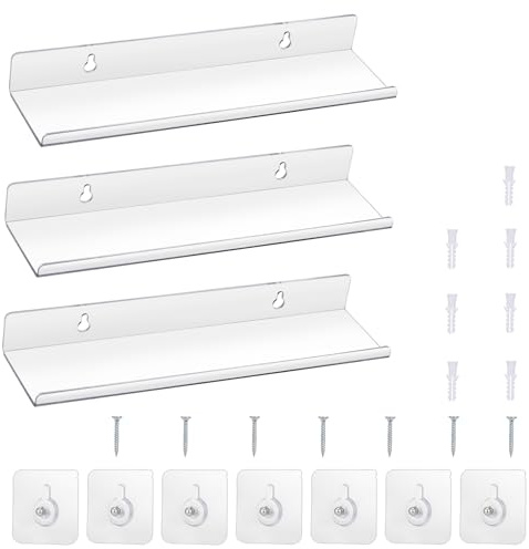 Zocipro 3 Stück Acryl Wandregal, Acryl Regal Wand 30X7.9X3.6cm, Acrylic Shelf Transparent Wand Ohne Bohren für Fotorahmen, Pflanzen,Kameras,Küchenregal,Gewürzregal,Bücherregal, Industrial Deko