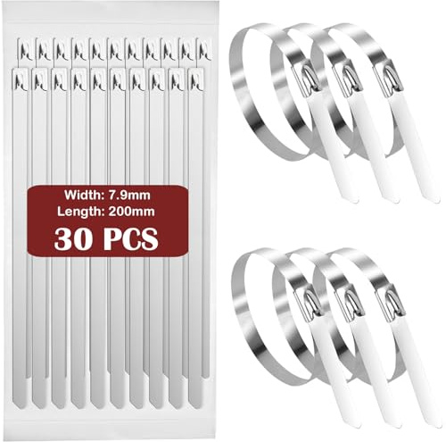 Fohirey Bridas de metal de 7,9 x 200 mm, 30 unidades, bridas de acero inoxidable 304, envolturas de metal plateadas, bridas de metal resistentes, resistentes a los rayos UV, bridas de acero para