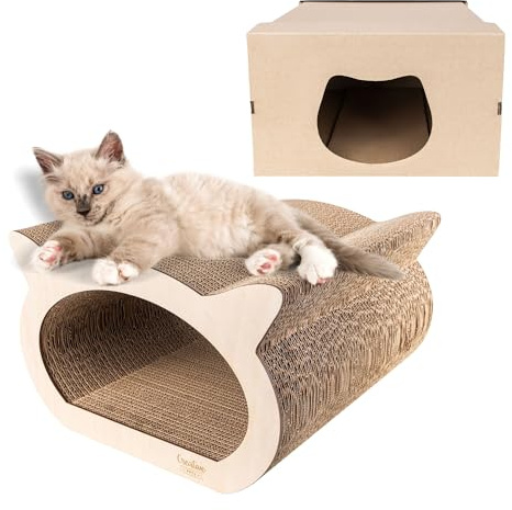 Creative Pets Katzen Kratzbrett | Kratzpappe mit Sperrholz 2in1 Katzenhaus | Kratzbretter | Robuste Kratzmöbel Katze | Kratzbaum | Hochwertige Pappe | Groß 37 x 36 x 23 cm