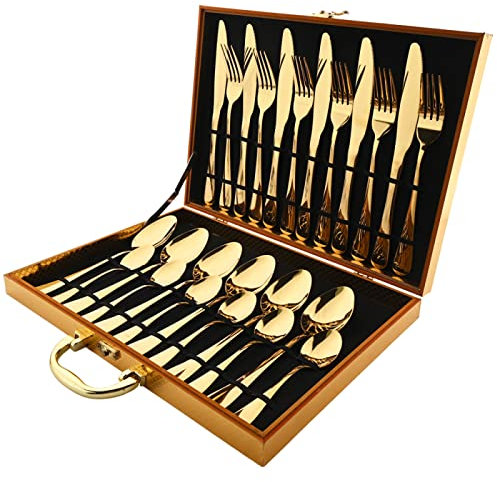 LIKECRAFT Couverts en Acier Inoxydable, 24 pièces, Vaisselle, Couteau, Fourchette, cuillère à café, Couverts de Table, Coffret Cadeau, Argent Bleu